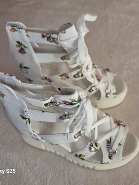 Floral Platform Wedge Sandals White Lace Up Strappy Gladiator Open Toe New